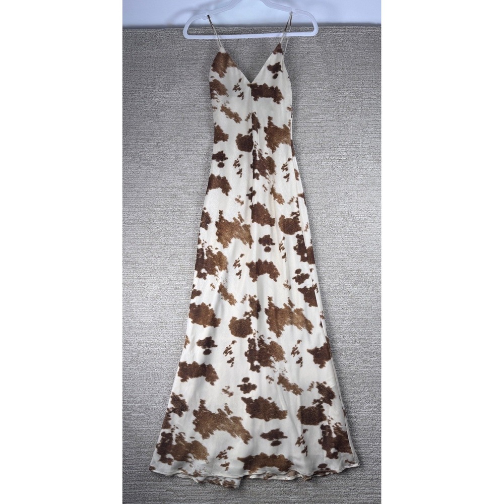 Zara Cow Print Maxi Dress Brown Cream Sleeveless V-Neck Slip Gown XS 2352/101